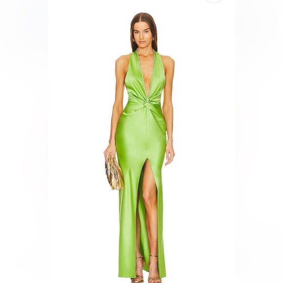 NWT Khanums X Revolve Halter Gown With Slit in Pear Green rhinestone As Is M - Picture 1 of 12